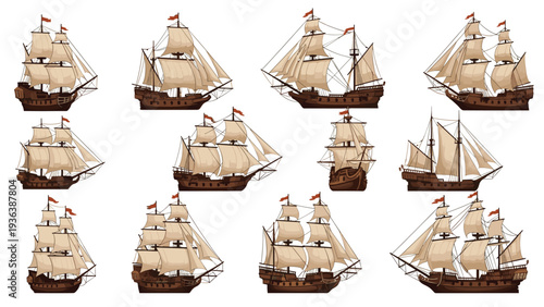 Extensive collection of historic wooden sailing ships with multiple masts and sails shown from various perspectives and angles.