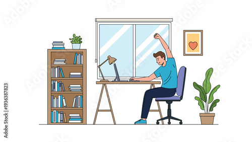 Young man taking a break from working at his computer to stretch his arms in a modern home office with a bookshelf.