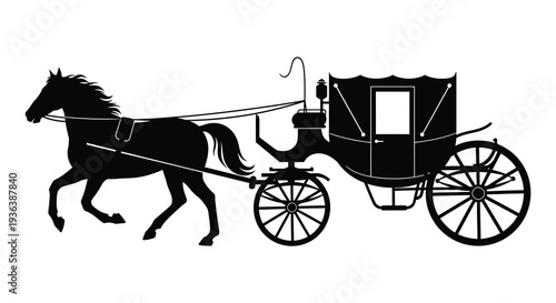 A striking black silhouette depicts a horse drawn carriage in motion evoking a vintage aesthetic silhouette high quality professional