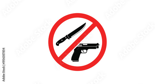 A stark red prohibition sign displays a knife and handgun crossed out conveying a message of no weapons allowed silhouette
