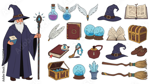 Wise wizard with a long white beard and magical staff stands next to a large collection of potions, books, and crystal balls.