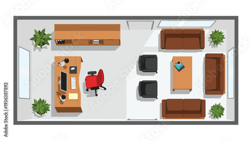 Detailed top-down view of a professional office floor plan featuring a desk area, waiting lounge with sofas, and indoor plants.