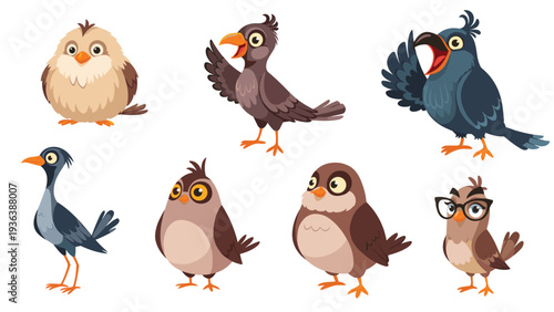 Group of various cute and expressive cartoon birds with different colors, shapes, and personalities shown together.