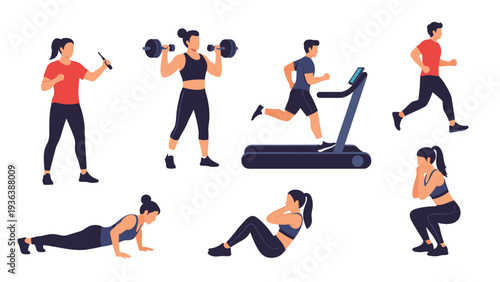 Collection of people performing different physical exercises such as running on a treadmill, lifting weights, and doing pushups.