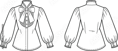 Victorian Bow Tie Blouse CAD Drawing Flat Vector Illustration, Front and Back Technical Fashion Template Puff Sleeve Elegant Shirt