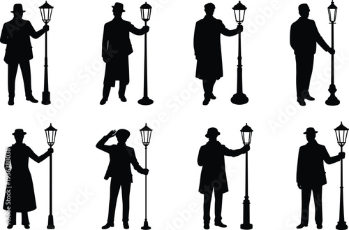 Victorian lamplighter silhouettes collection, vintage street lighting worker set, historical lantern bearer character poses, black vector isolated illustration