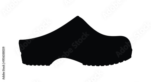 A stark black silhouette of a single rubber clog viewed from a side angle silhouette high quality professional