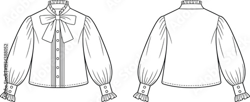 Victorian Ruffle Blouse CAD Drawing Flat Vector Illustration, Front and Back Technical Fashion Template Puff Sleeve Bow Tie Design