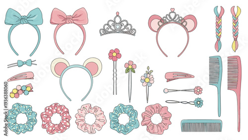 Colorful collection of girls hair accessories including headbands with ears and bows, hair clips, combs, and scrunchies.