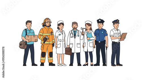 Diverse group of professional people standing together wearing uniforms for doctor firefighter police officer and delivery service.