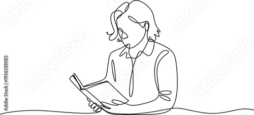 Woman reading book in minimalist line style, education and learning concept illustration, modern continuous line drawing, simple vector artwork