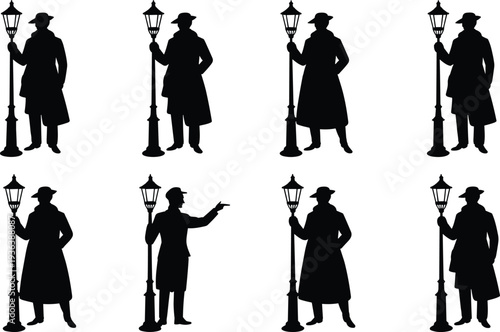 Victorian lamplighter silhouette set, vintage street lamp worker collection, historical lantern bearer figure poses, black vector isolated illustration
