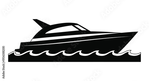 A sleek modern speedboat glides across the water depicted as a striking black silhouette high quality professional detailed