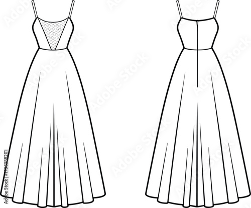 Women spaghetti strap maxi dress pattern template, sleeveless evening gown technical drawing front and back view cad flat vector illustration
