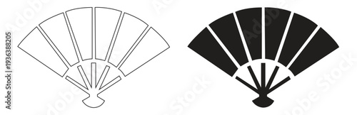Elegant set of two traditional japanese folding hand fan vector icons, presented in a crisp black and white minimalist style, ideal for cultural design elements and cooling concepts.
