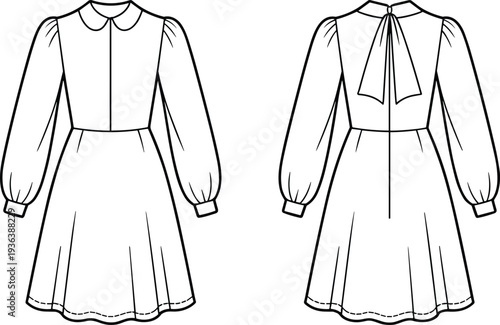 Women long sleeve midi dress pattern template, peter pan collar bow back design technical drawing front and back cad flat vector illustration