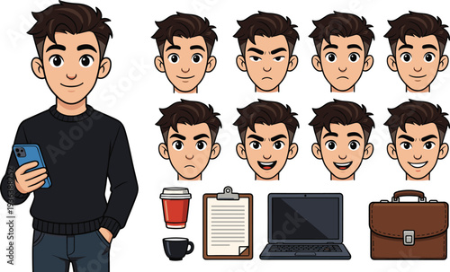Young man character creation set, male avatar with facial expressions collection, modern lifestyle accessories pack, cartoon vector illustration