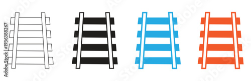 Set of simple train track icons depicting railroad lines in various styles including outline, solid black, blue, and orange, suitable for transportation and travel designs.