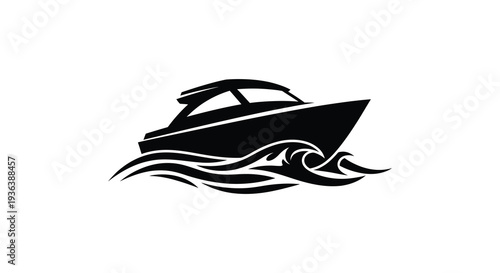 A striking black silhouette of a speedboat cutting through stylized waves evoking motion silhouette high quality professional detailed