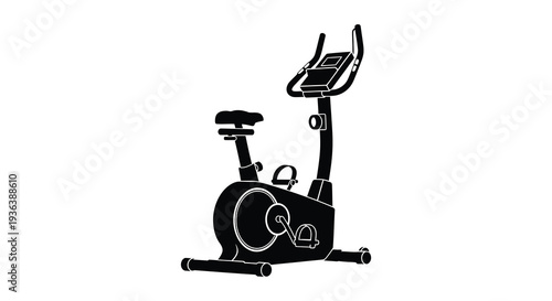 A stark black silhouette of a modern exercise bike against a plain white background silhouette high quality professional