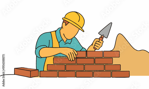 Construction Worker Laying Brick Wall Vector Illustration – Mason Builder Working at Building Site
