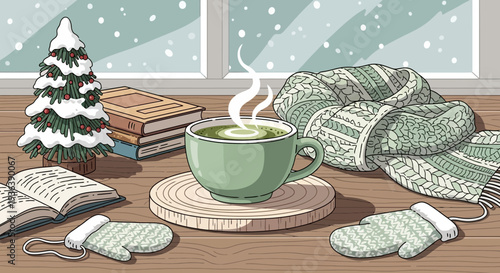 Cozy Winter Scene: Hot Drink, Snow, and Christmas Tree