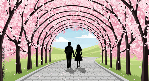 Couple walking under cherry blossom tunnel