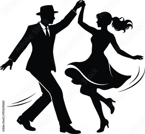 Elegant couple performing silhouette a classic swing dance in mid-motion.