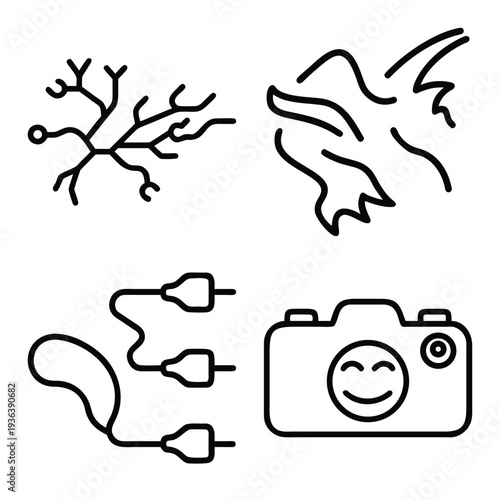 Minimalist black and white line art icon collection featuring technology symbols, artificial intelligence (AI), Islamic motifs, justice scales, nature elements, and creative digital lifestyle graphics