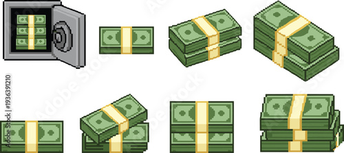 Pixel art vector illustrations of money stacks and safe with cash bundles for finance, gaming, savings, and economic design themes.