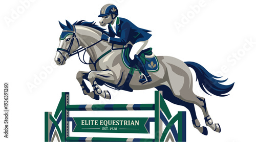 Dynamic illustration of an equestrian horse and rider midjump over a hurdle showcasing agility and sport.