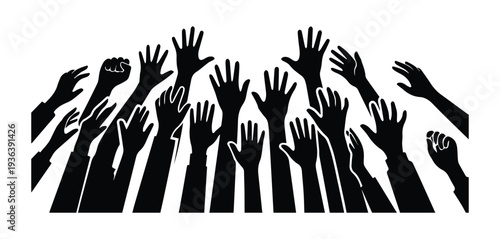 Diverse hands reaching up. Community, teamwork and voting concept Icon Silhouette vector black design on a white background