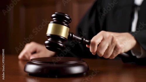 Judge Holding Gavel in Courtroom Scene.
