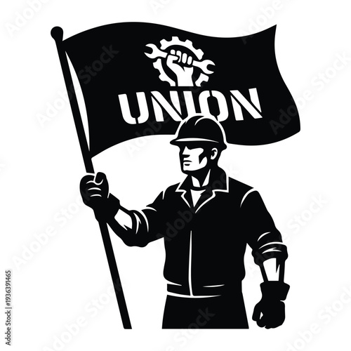 Union worker holding flag Icon Silhouette vector black design on a white background