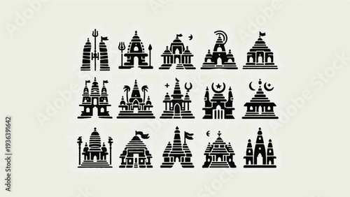 Collection of Minimalist Black Silhouette Icons Featuring Various Sacred Architecture, Temple Spires, and Religious Landmarks for Cultural and Spiritual Design
