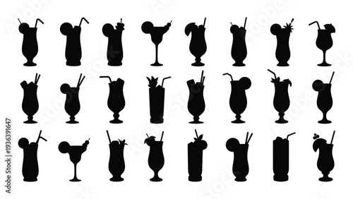 A collection of black cocktail glass silhouettes on a white background