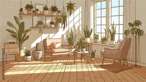 Aesthetic Minimalist Living Room Interior Illustration with Houseplants, Sunlit Window, and Scandi-Style Furniture for Home Decor and Slow Living Concept