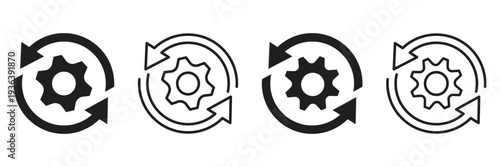 Automated process optimization and system update icon vector. Gear cog with check mark and circular sync arrows symbol set. Vector illustration