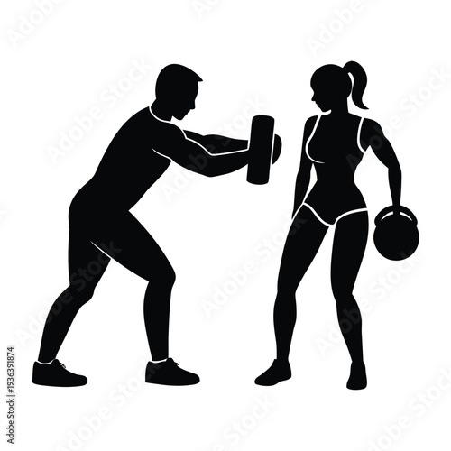 Gym Trainer and Trainee Workout Silhouette Vector 