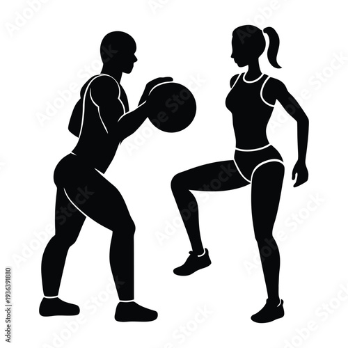Gym Trainer and Trainee Workout Silhouette Vector 