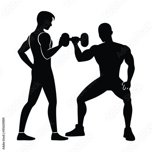 Gym Trainer and Trainee Workout Silhouette Vector 