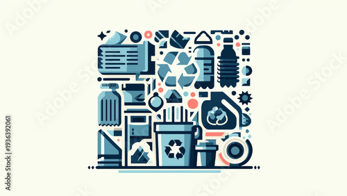Creative Geometric Composition of Recycling Symbols, Plastic Bottles, and Waste Management Icons for Sustainability and Environmental Protection Concept