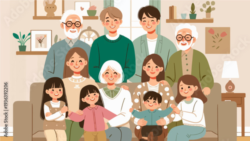 Happy Multi-Generational Family Portrait with Grandparents, Parents, and Children Sitting Together in Cozy Living Room for Togetherness and Harmony Concept