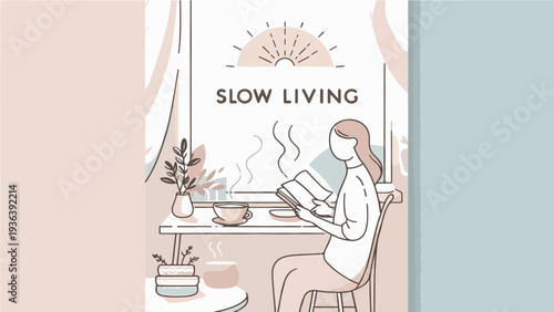 Aesthetic Slow Living Poster Illustration Featuring a Woman Reading a Book with Coffee and Sunlit Window for Mindfulness and Relaxation Concept