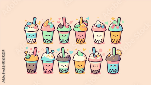 Large Set of Super Cute Kawaii Bubble Tea Characters with Different Flavors and Toppings for Stickers, Stationery, and Cafe Branding