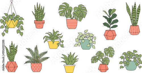 Colorful and Stylish Set of Potted Plants in Geometric Pots – Indoor Gardening and Greenery Icons