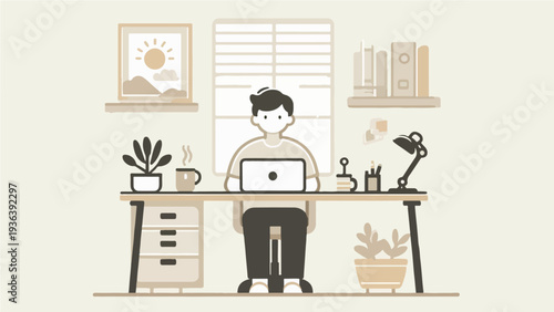 Young Man Working on Laptop at Minimalist Desk in Sunlit Home Office with Houseplants for Remote Work and Productivity Concept