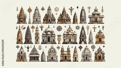 Intricate Collection of Traditional Indian Temple and Mandir Architecture Illustrations with Decorative Cultural Elements for Heritage and Religious Design