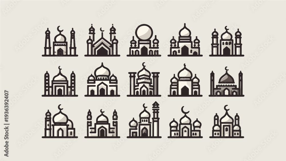 Fototapeta premium Set of Minimalist Mosque Building Icons and Islamic Architectural Elements in Flat Style