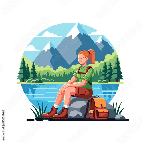 Woman hiker resting by mountain lake, scenic landscape, adventure and travel